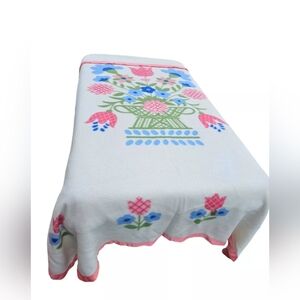 Vintage Blanket Satin Edge Acrylic 86''x 78'' Pink Tulips floral Twin/Full Retro